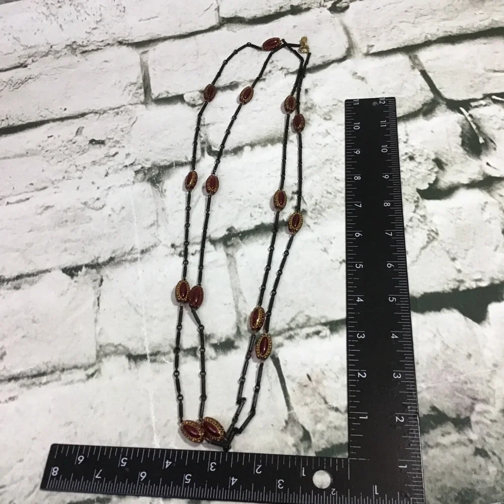 Joy Long Double Beaded Necklace Red Oblong Beads Black Burgundy Victorian Witchy